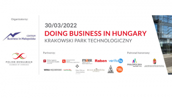 Plakat wydarzenia Doing Business in Hungary organizowanego przez Centrum Business in Małopolska oraz Polsko-Węgierską Izbę Gospodarczą