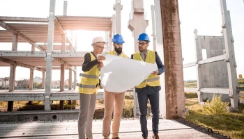 Architekt w kasku wraz z kierownikiem budowy oraz członkiem zespołu projektowego czytający plan budynku na tle powstającego kompleksu przemysłowego