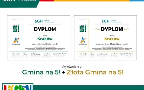 Zdjęcie dyplomu dla miasta Kraków, które stanowi wyróżnienie w plebiscycie: "Gmina na 5!"