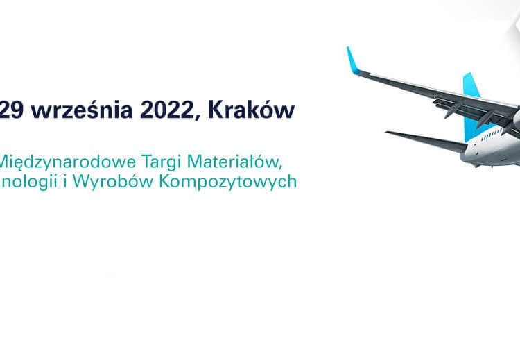 Plakat promujący targi Kompozyt-expo w Krakowie, na którym widać samolot oraz jacht