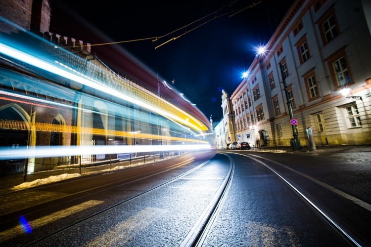 Kraków Ulica Tramwaj Światła Długie Naświetlanie